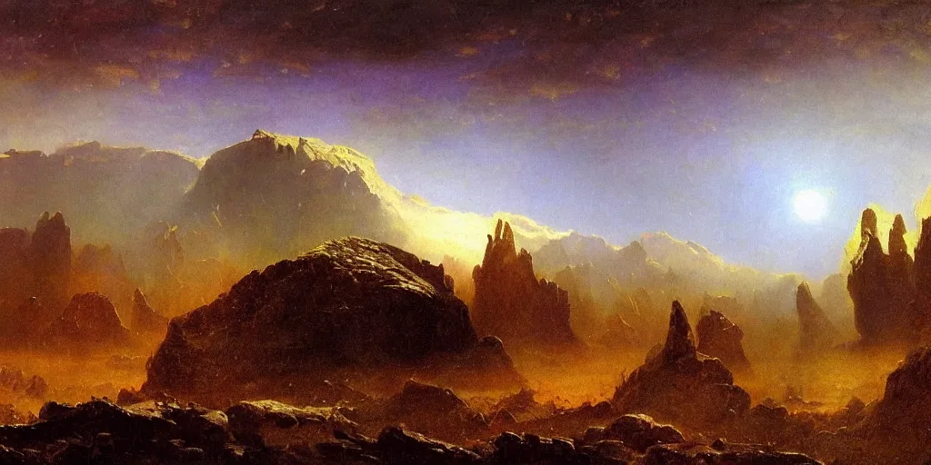 Prompt: landscape image of an extremely alien planet, by Albert Bierstadt