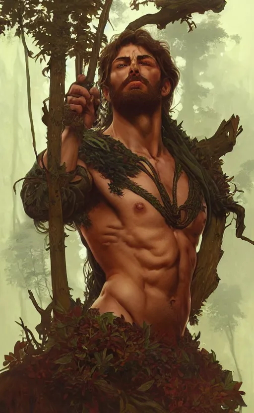 Prompt: god of the forest, 3 0 years old, rugged, male, gorgeous, detailed face, amazing, thighs, ottoman, muscular, intricate, highly detailed, digital painting, artstation, concept art, sharp focus, illustration, art by greg rutkowski and alphonse mucha