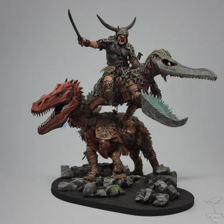 Image similar to diorama of a viking berserker riding a dinosaur, highly detailed, award winning mini painting, studio lighting