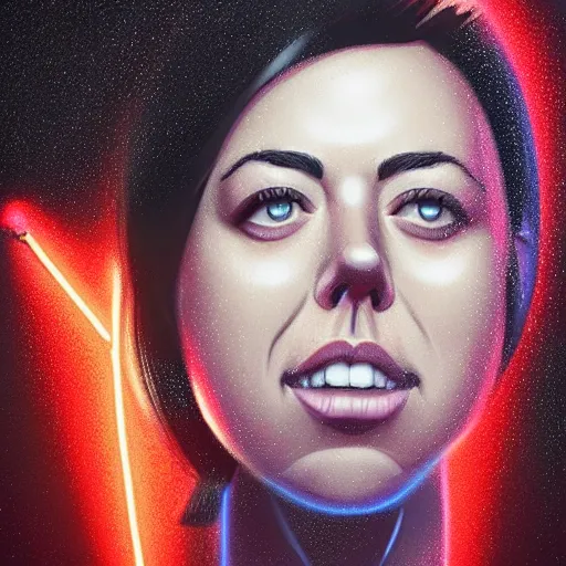 Image similar to aubrey plaza, cartoon portrait made out of rain, realistic, highly detailed, neon, rendered in octane, unreal engine, rain, beautiful, trending on artstation, emotional