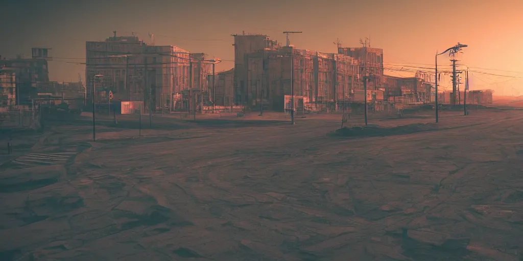 Prompt: photo of city street neon on mars, norilsk city, telephoto, anamorphic cinematography, beautiful composition, color theory, leading lines, photorealistic, moody volumetric lighting