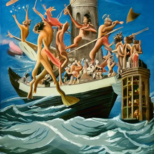 Image similar to prize winning oil painting of two famous writers fighting in a tower while calypso singers laugh at them and fishermen hold flowers between the windows of the sea where lovely mermaids flow, in style of neo rauch