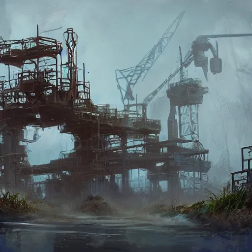 Image similar to post apocalyptic overgrown oil rig by victor moura james hayes jim kjexrud, trending on artstation, digital artwork, highly detailed, contest winner, environmental artwork, concept art