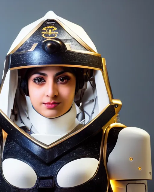 Image similar to centered medium shot fine studio photograph of a beautiful persian girl wearing only a mecha electronic zoroastrian helmet with led lights, ultra-realistic, white background, 8k HDR sunset lit, intricate detail