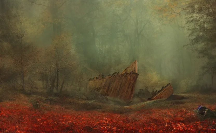 Image similar to an old big shipwreck in an autumn forest, green and red tones, by Aron Wiesenfeld and beksincki, cinematic, detailed illustration, nature, fog, dark colors, suspense, intricate, 8k