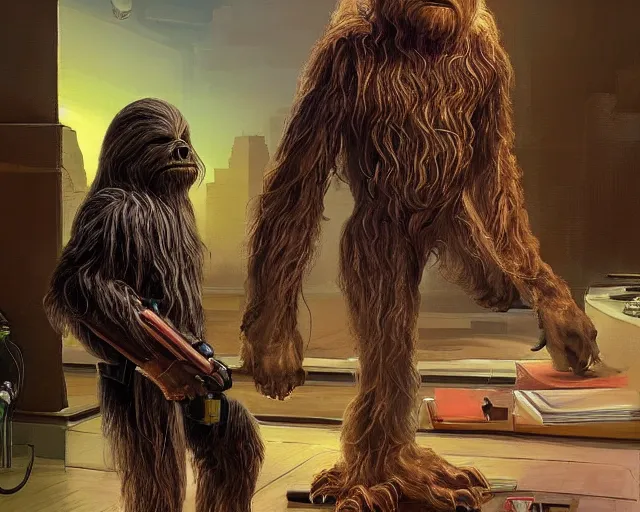 Image similar to wookiee at home trading crypto. the charts are at all time highs, gains, green charts, painting by frank frazetta, 3 d rendering by beeple, wlop
