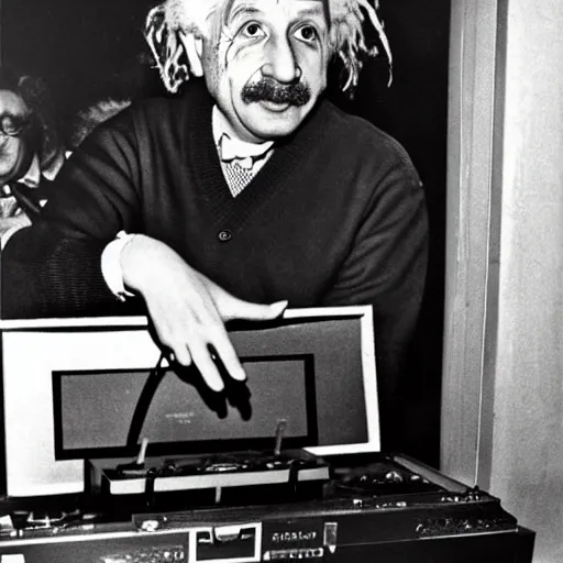 Image similar to color photograph of Albert Einstein DJing a record player at a nightclub, color photograph, color photograph