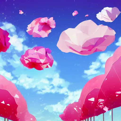 Image similar to background art of spaciously scattered flower petals flowing and floating through the blowing swirling directional wind from left to right on a simple cloudy sky background, big puffy clouds, large individual rose petals, angular background elements, polygonal fragments, studio ghibli, artgerm, trending on artstation, art nouveau, mature color scheme