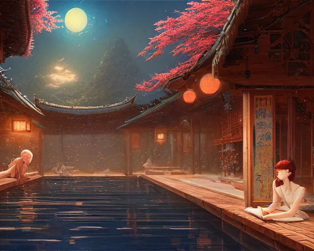 Image similar to highly detailed picture of an onsen, stephen bliss, unreal engine, fantasy art by greg rutkowski, loish, rhads, ferdinand knab, makoto shinkai and lois van baarle, ilya kuvshinov, rossdraws, tom bagshaw, global illumination, radiant light, detailed and intricate environment