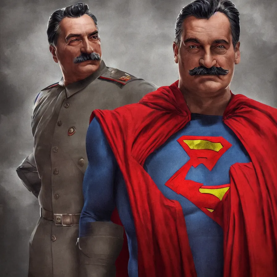 Prompt: stalin as superman, red son, double identity, socialist realism, sovietwave aesthetic, hammer and sickles, solitude, groundbreaking, award winning, breathtaking, superb, hyperrealistic, detailed picture, intricate digital art, trending artstation, 8 k, unreal 5, octane render, vfx, volumetric lighting, rich moody colors, fan art, concept art