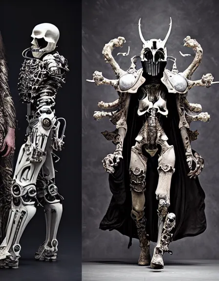 Prompt: still frame from Prometheus by Giger, lich king Dr doom in ornate bio cybernetic bone armour and skull mask helmet in bone chapel by Wayne Barlowe by peter Mohrbacher, dressed by Alexander McQueen and by Neri Oxman, metal couture hate couture editorial