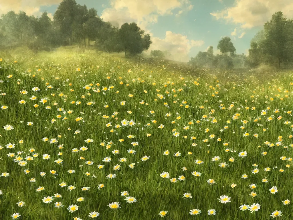 Image similar to rendering of a scene with a meadow full of daisies, matte painting