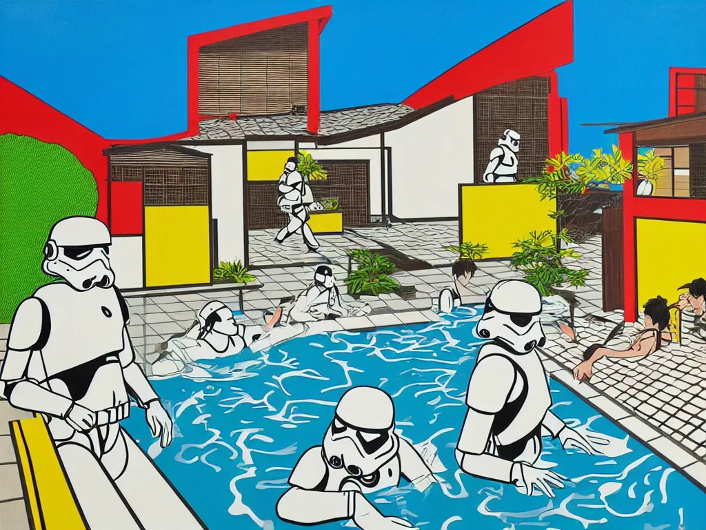 Image similar to hyperrealism composition of the japanese house with a hot springs in the garden, two detailed stormtroopers bathe in a hot spring, pop - art style, jacky tsai style, andy warhol style, roy lichtenstein style, acrylic on canvas