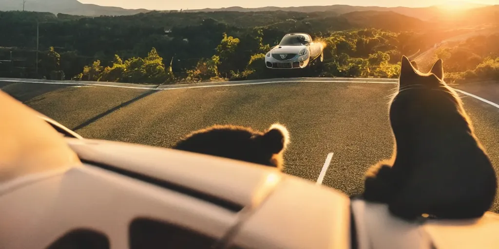 Image similar to birds eye view of convertible, cat homies chilling in car, paws on steering wheel, paw hanging out of window, golden hour, clear sky, unobstructed road