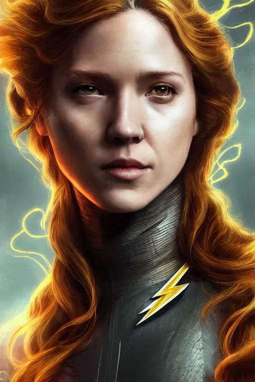 Image similar to Majestic and regal portrait of a female The Flash, DC universe, Perfect face, beautiful, intricate, epic, elegant, menacing, fantasy, highly detailed, digital painting, hard focus, beautiful volumetric lighting, epic light, ultra detailed, by Leesha Hannigan, Ross Tran, Thierry Doizon, Kai Carpenter, Ignacio Fernández Ríos