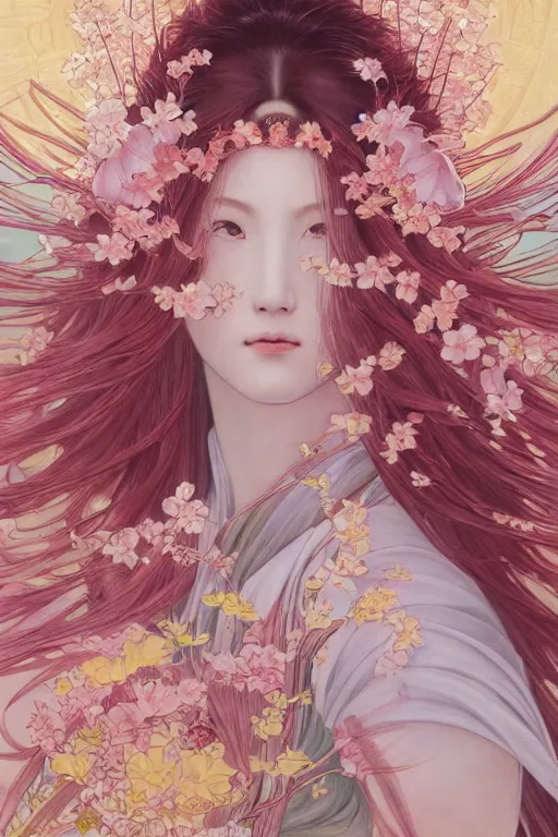 Prompt: breathtaking detailed soft painting of a samurai queen with long flowing red hair, anime style, pastel flower petals flying, at dawn in front of a pristine art nouveau cathedral, elegant, volumetric lighting, highly detailed, artstation, concept art, matte, sharp focus, art by pilyeon, matcha art and Alfons Mucha