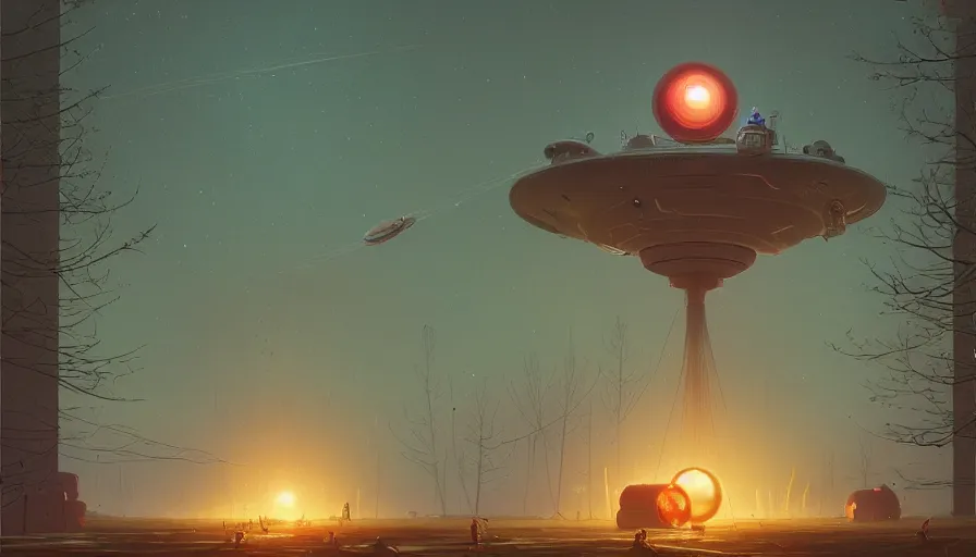 Prompt: spacecraft that move in a spiral around a sphere and open up in the centre at night, the first glimpse into new worlds by simon stalenhag and marc simonetti, trending on artstation