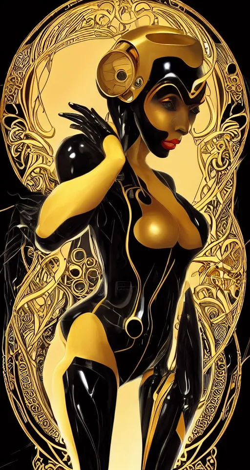 Image similar to beauty art nouveau woman, black and gold robotic, trending on artstation, by Artgerm