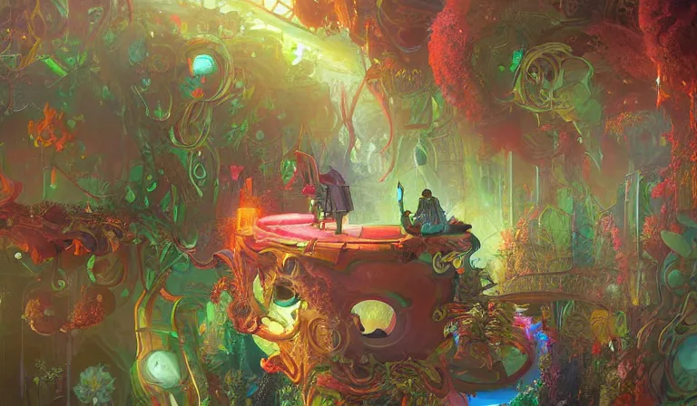 Prompt: dreamlike cosmicpunk garden fantasycore, glossy painting, Art Nouveau Cosmic 4k Detailed Matte Illustration featured on Getty Images ,CGSociety, Jade and Carrot orange color scheme, Pastiche by Marc Simonetti, Pastiche by Cedric Peyravernay