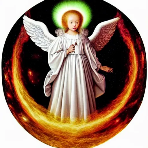 Image similar to highdetailed hyperrealistic painting of white angel!!! no gender!!!, giant ball of miracle light from the chest!!!!!, white sparkles everywhere, lot of fire and stars overhead!!!, by jan van eyck, holography space, glow effect, large strokes, soft and clean, bright white color