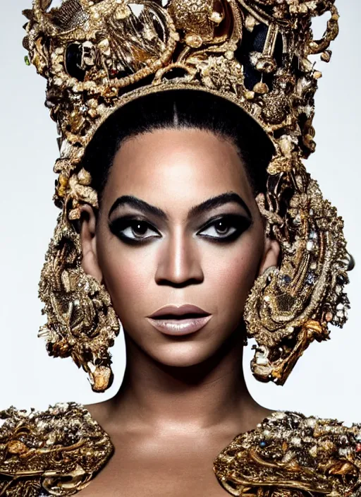 Prompt: photo of beyonce styled by nick knight posing, intricate headpiece, showstudio, face close up, canon, vogue magazine, 2 0 2 0, canon, highly realistic. high resolution. highly detailed. dramatic. 8 k. 4 k.
