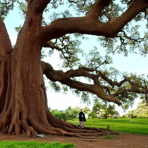 Image similar to oak tree as big as a building with people among the roots