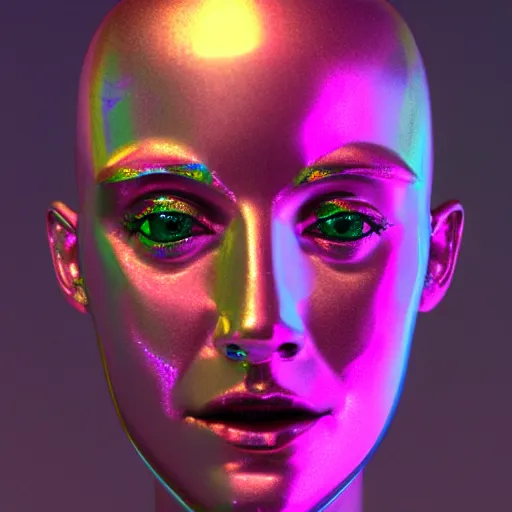 Image similar to 3d render of holographic human robotic head made of glossy iridescent, surrealistic 3d illustration of a human face non-binary, non binary model, 3d model human, cryengine, made of holographic texture, holographic material, holographic rainbow, concept of cyborg and artificial intelligence