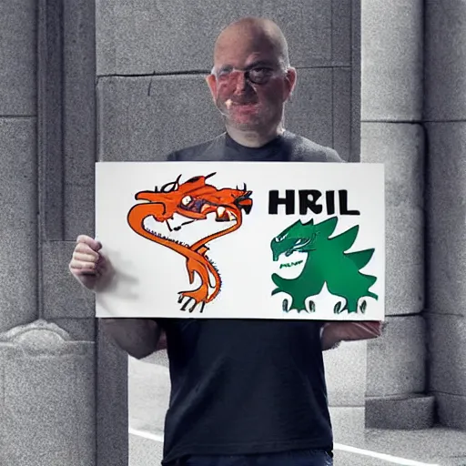 Prompt: dragon holding a sign. digital art meme, phil phoglio.