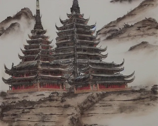 Image similar to twin buddhist pagodas made of stone, in landscape, traditional chinese watercolor,