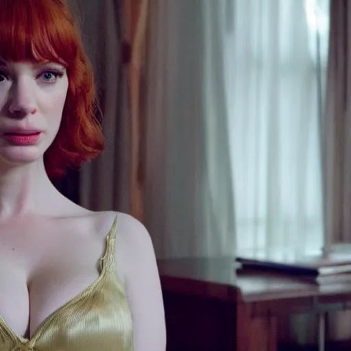 Image similar to amazing beautiful Christina Hendricks with an amazed look on her face in the living room, film still from the movie directed by Denis Villeneuve , wide lens