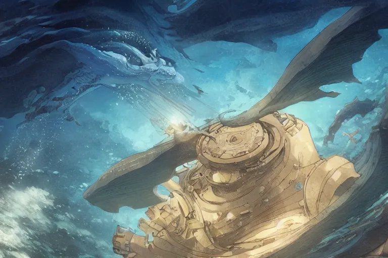 Prompt: a giant sea creature swimming in the deep sea, god rays, high intricate details, rule of thirds, golden ratio, cinematic light, anime style, graphic novel by fiona staples and dustin nguyen, by beaststars and orange, peter elson, alan bean, studio ghibli, makoto shinkai