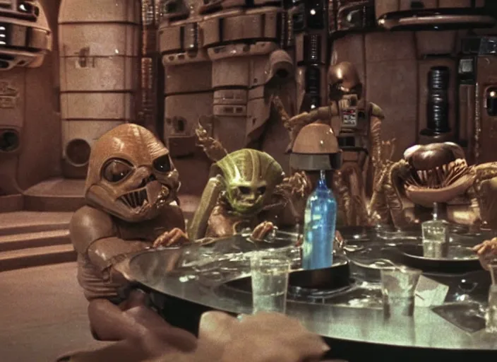 Image similar to still of some aliens having a drink in the Cantina in Star Wars (1977).