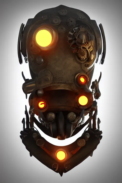 Image similar to steampunk mask minimalist fantasy art robot ninja helmet, global illumination ray tracing hdr fanart arstation by sung choi and eric pfeiffer and gabriel garza and casper konefal radiating a glowing aura