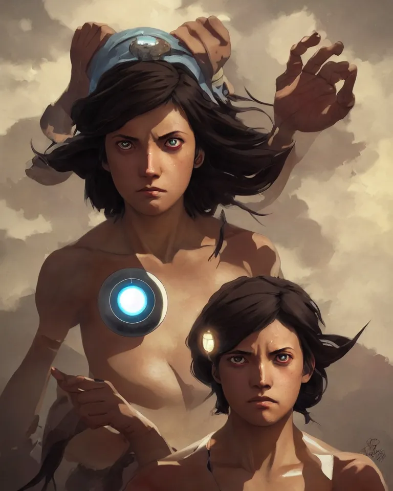 Image similar to Korra glowing eyes,digital art,ultra realistic,ultra detailed,art by greg rutkowski sacha goldberger, hyperdetailed,detailed face,professional lighting,dramatic,3 point lighting centered composition symmetrical features gazing eyes