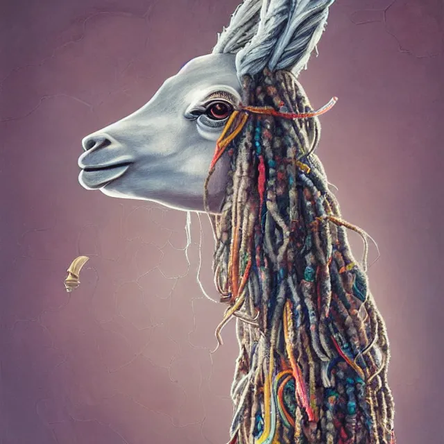 Image similar to llama with dreadlocks, art deco design, by Mandy Jurgens, Ernst Haeckel, James Jean