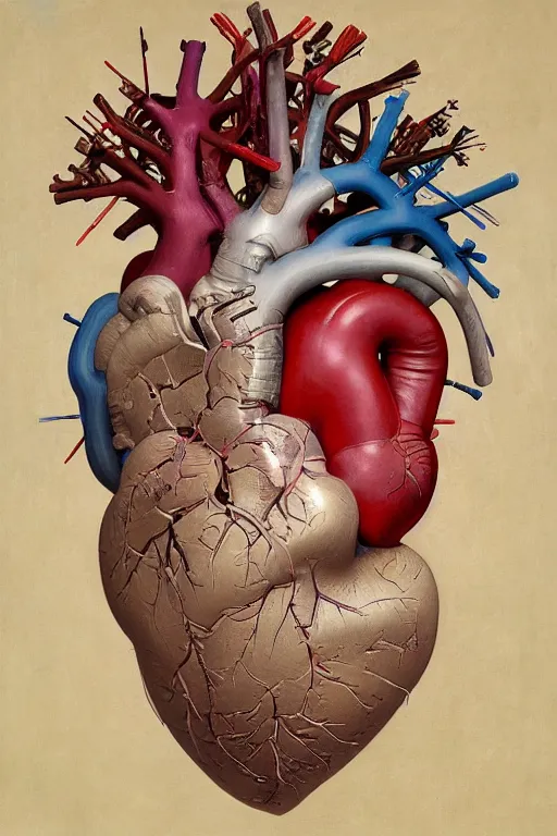 Prompt: accurate anatomical heart imagined as painting palette, wood boart palette, paintbrushes, paint mix, painted by ruan jia, raymond swanland, lawrence alma tadema, zdzislaw beksinski, norman rockwell, jack kirby, tom lovell, alex malveda, greg staples, artgerm, greg rutkowski and alphonse mucha