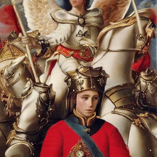 Prompt: prince william wearing knight's armor with heavenly angels surrounding him