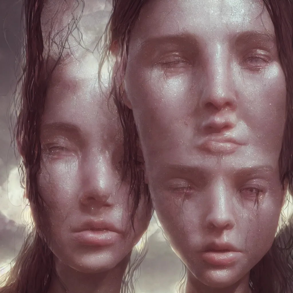 Image similar to extremely detailed cinematic movie still portrait of 2 1 years old woman angel hyperreal skin face by denis villeneuve, wayne barlowe, simon birch, marc simonetti, philippe druillet, beeple bright volumetric sunlight, rich moody colors, closeup, bokeh