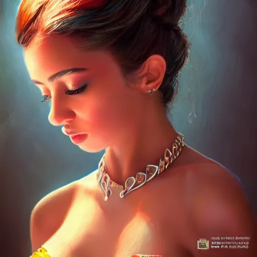 Prompt: beautiful Estefanía Villegas, perfect face and body, in detailed Colombian dress, smooth, sharp focus, illustration, realistic, cinematic, artstation, cinematic, award winning, original modern artwork, rgb ethereal lighting,8k