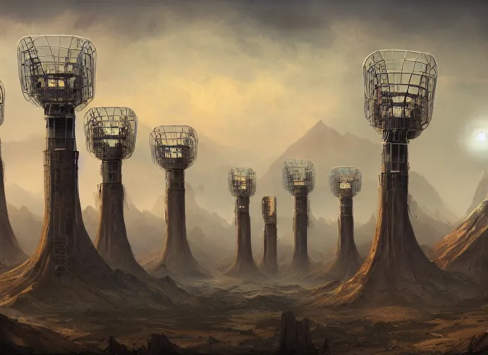 Image similar to a group of strange looking communications towers, a detailed matte painting by Jason A. Engle, cgsociety, afrofuturism, matte painting, concept art, sci-fi
