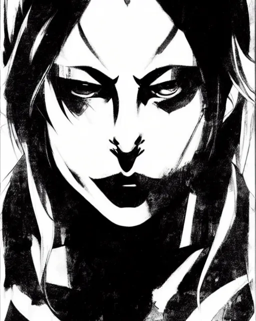 Prompt: style of yoji shinkawa, rafael albuquerque : : gorgeous willa holland : : evil witch : : symmetrical face, symmetrical eyes : : gorgeous black hair : : magic lighting, low spacial lighting : :