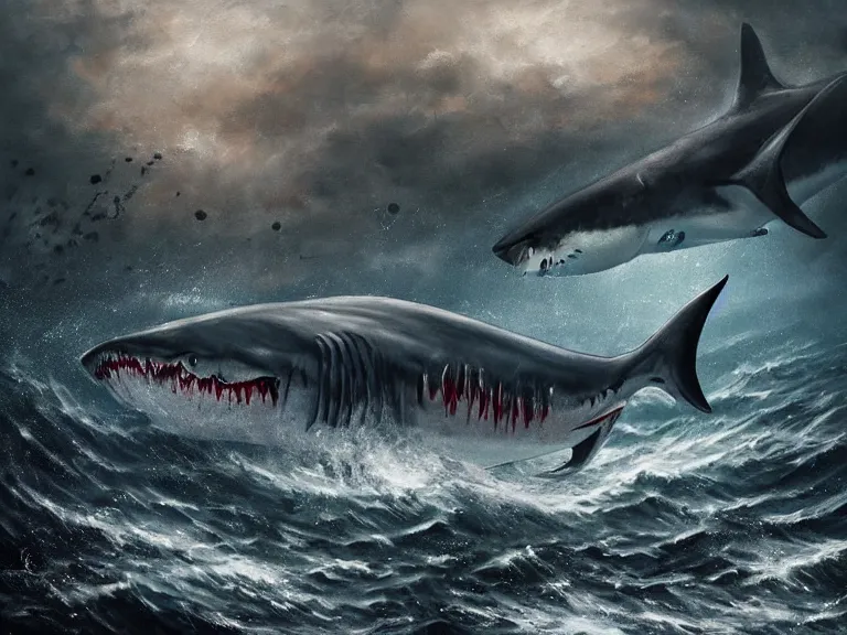 Image similar to dramatic painting of a bloodthirsty horrifying shark underwater in a desolate apocalyptic ocean, hyperrealistic, dark surrealism, digital art, artstation