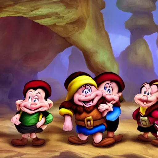 Prompt: seven dwarves mining for gems in the cave
