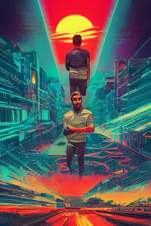 Image similar to a portrait of a Rayan Gosling with thunders in the sky in a future cybernetic city, outrun style and colours, trending on arstation, by dan mumford, by ross tran