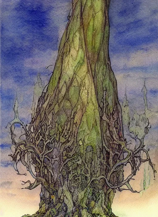 Image similar to pipe organ shaped like a tree, detailed fantasy watercolor comic style, subtle colors, by alan lee and john howe