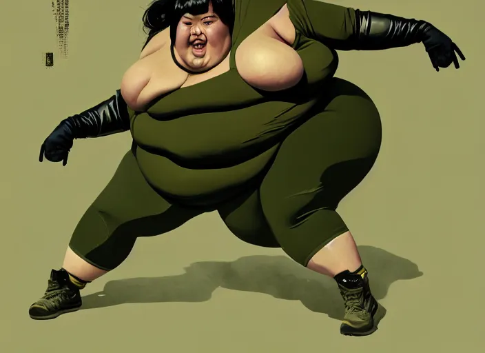 Image similar to duotone olive green gray illustration 3 / 4 portrait of fat woman fighting bruce lee style. dynamic chaotic composition random golden renaissance proportion. author sachin teng and sergei wheelsov and ruan jia and heng z. graffiti art, scifi, sci - fi, hyper detail. octane rendering. concept art. trend on artstation