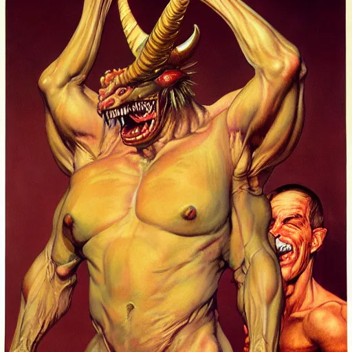 Image similar to upper body portrait a giant horned demon, by norman rockwell and boris vallejo, artstation, concept creature character art