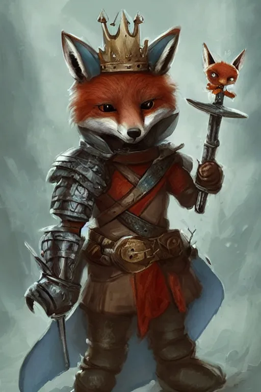 Image similar to cute little anthropomorphic foxy knight wearing a cape and a crown, tiny, small, miniature fox, baby animal, short, pale blue armor, cute and adorable, pretty, beautiful, DnD character art portrait, matte fantasy painting, DeviantArt Artstation, by Jason Felix by Steve Argyle by Tyler Jacobson by Peter Mohrbacher, cinematic lighting