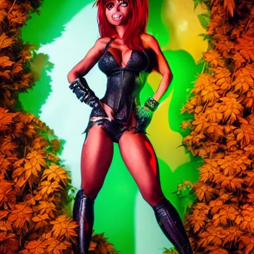 Prompt: Full body portrait of Brittany Renner as Poison Ivy from batman, Marijuana, Smoke, Sweat, curvy accentuated booty, Serving Body, Smoking, Curvy, Matte Painting, Soft Geometric 3d shapes, Vibrant, 8k, Epic Level of Detail, Trippy, :3 ,By rockin jelly bean + saching teng + Trending on twitter :5