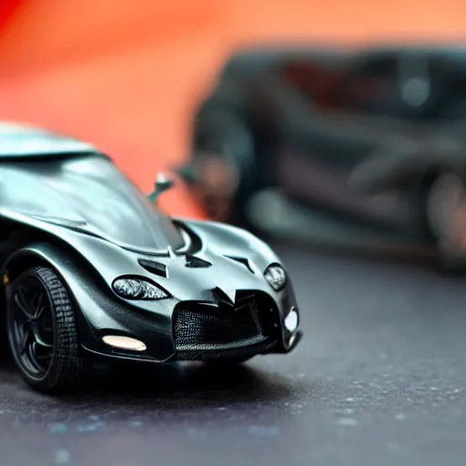 Image similar to 5 5 mm photo of metallic black batman car like hot wheels model with a batcave as background